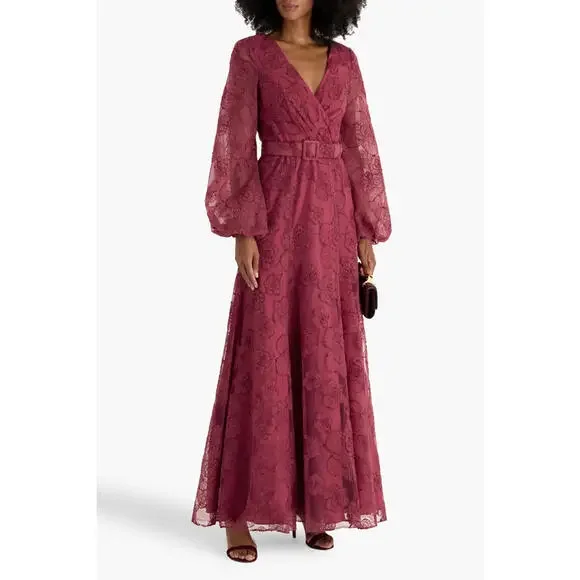 New, Badgley Mischka Belted Embroidered Tulle Gown in Burgundy Size 12 #LD062